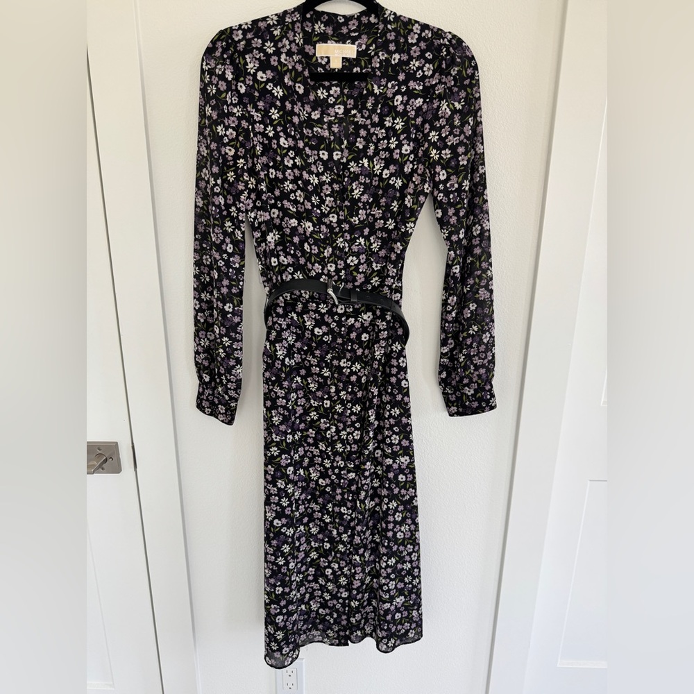 Michael Kors Black and Purple Floral Long Sleeve Dress